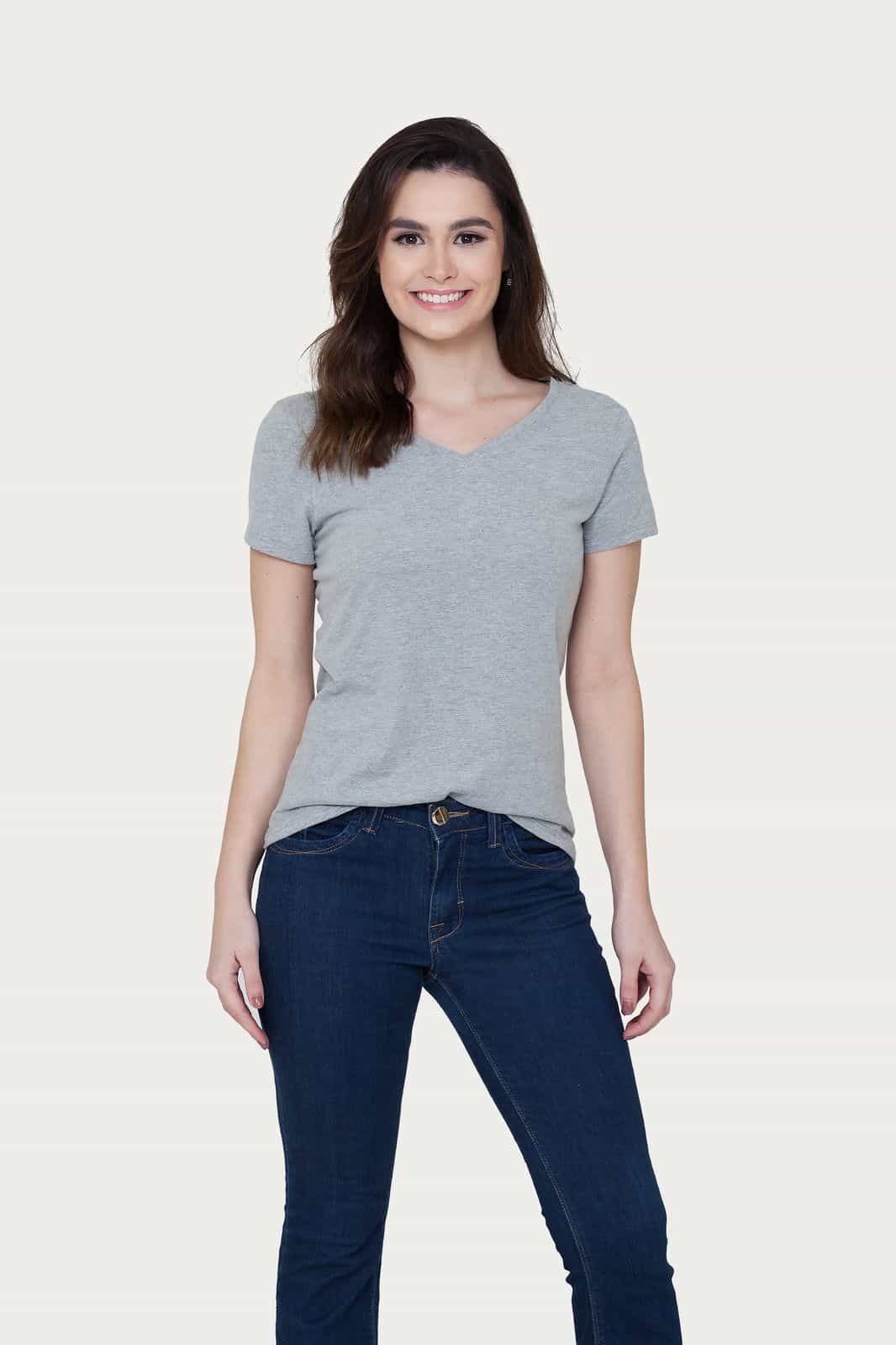 Camiseta Básica Feminina Algodão Premium Slim Fit Decote V Cinza Mescla Médio
