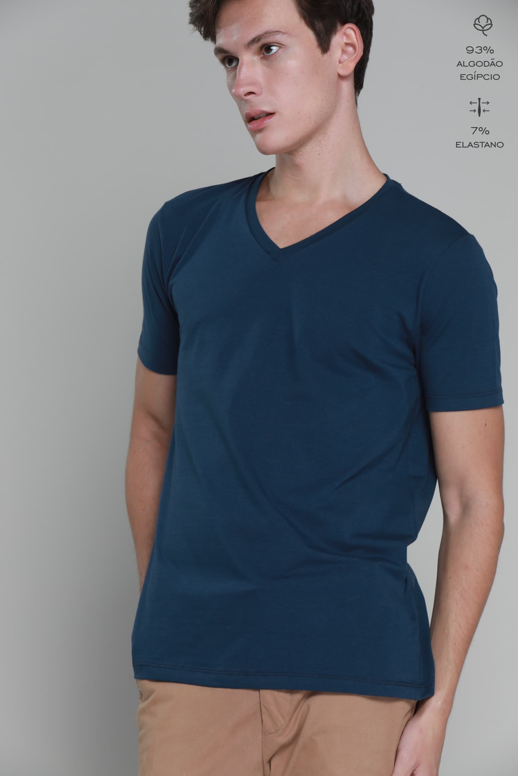 Kit Camiseta Básica Algodão Egípcio Gola V Azul Marinho